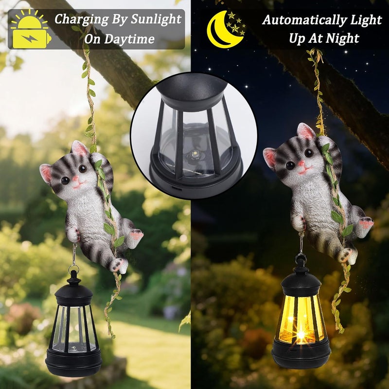 ZaaYee Solar Hanging Cat Statue, Outdoor Resin Black Cat Figurine with LED Lights, Kitty Animal Ornament for Garden, Fence, Porch, Patio, Yard Decor, Dusk to Dawn Auto On/Off - Image 3